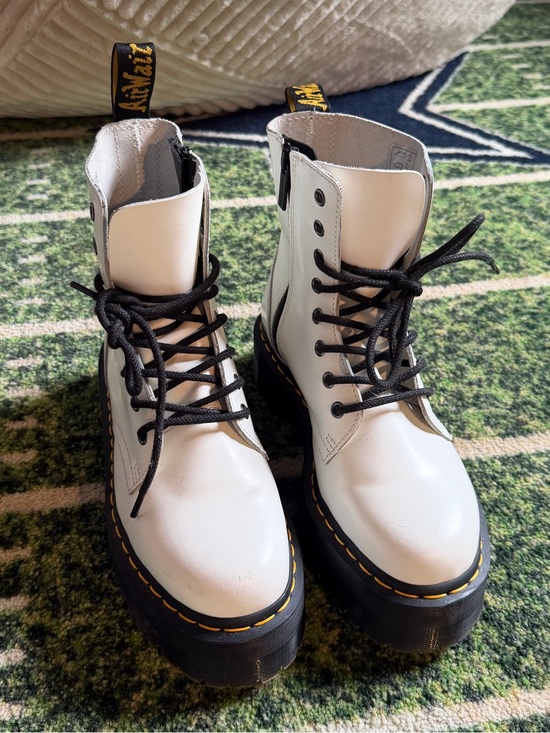 Dr. Martens Shoes - Dr. Martens White Leather Platform Lace-Up Boots with Black Laces